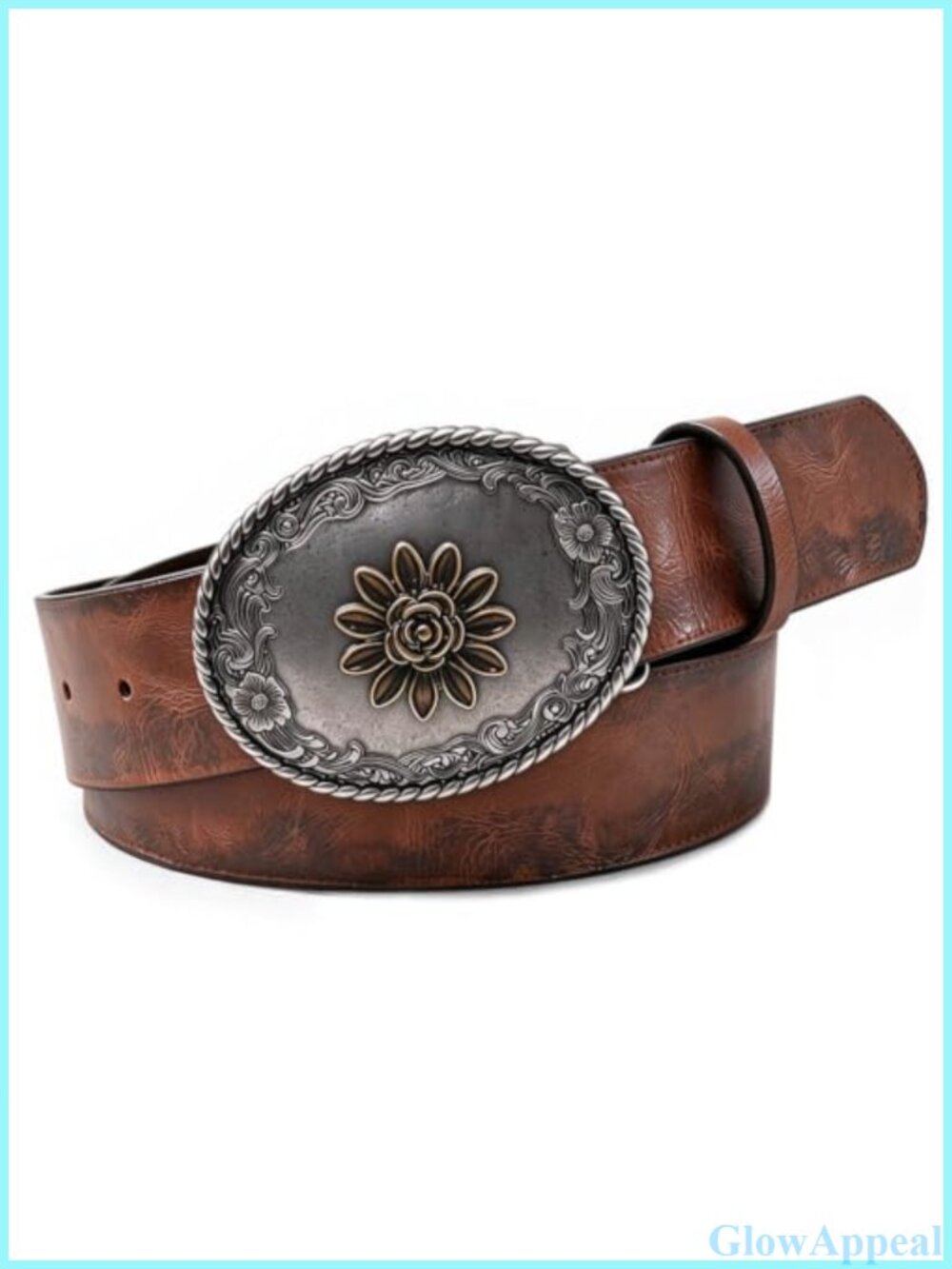 Faux Leather Western Belt Ornate Oval Buckle Vintage Cowgirl
